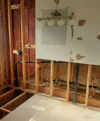 Bathroom remodel plumbing rough-in with copper and drain lines