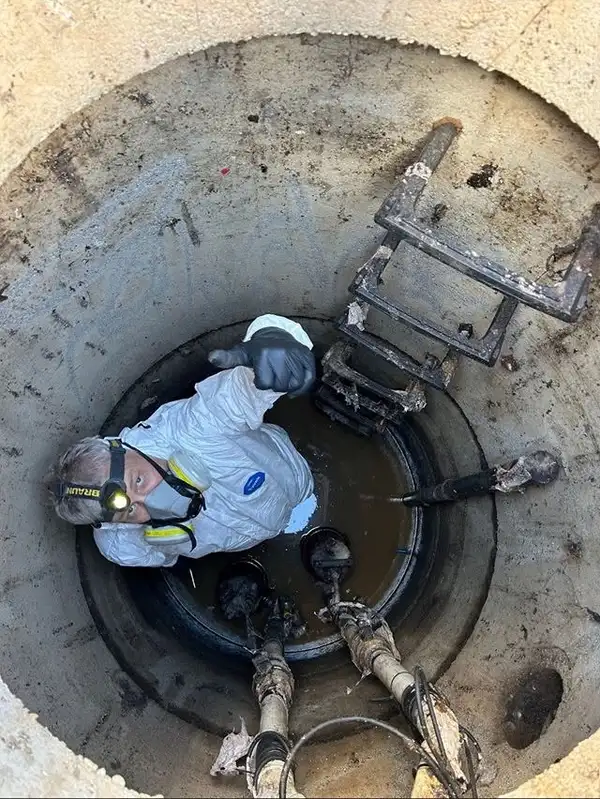 Plumber in protective gear working inside a sewer manhole