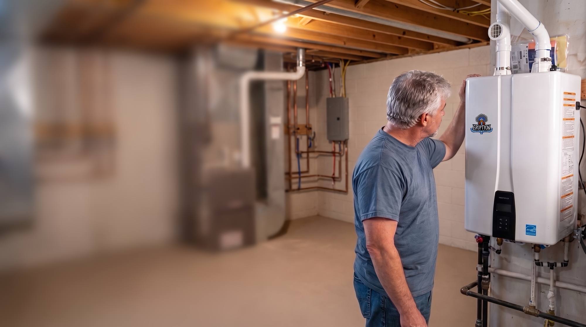 Illustration: a gray-haired plumber in a blue T-shirt and jeans checks a wall-mounted tankless water heater with an Eruption sticker in an unfinished basement
